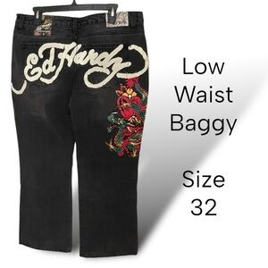 NWT Ed Hardy Women’s Dragon Low Waist Baggy Jean Black Size 32